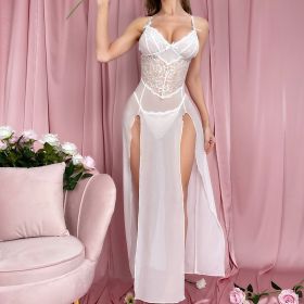 Lingerie Sling Deep V-neck Triangle Cup Sexy Slit Dress (Option: White-S)