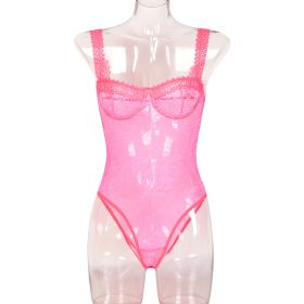 Women's One-piece Underwear European And American Style Lace Flowers Comfortable Close-fitting (Option: Rose Red-S)