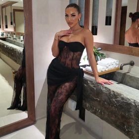 Hot Selling Sexy Like Woman Style Lace Chest Wrap Jumpsuit Skirt (Option: S-Black)