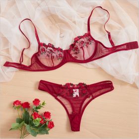 Underwear Lace Suit T-back Mesh Women's Sexy (Option: Wine Red-L)