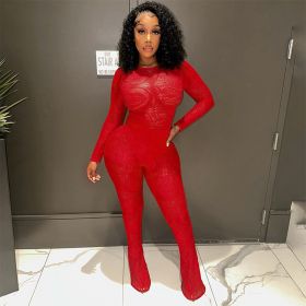 Lace Hollow Out See-through Jumpsuit Trousers Suit (Option: Red-S)