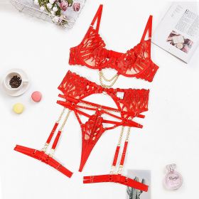 Flame Embroidered Chain Bra Set (Option: Red-S)