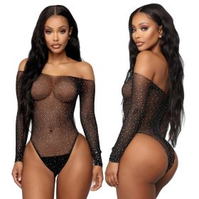 Women's Rhinestone Bikini Underwear Mesh Bodysuit (Option: Black-Free Size White Card Opp)