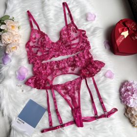 Love Embroidery Stitching Strap Sexy Lingerie Suit (Option: Rose Red-S)