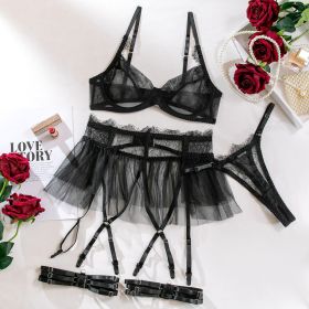 Push Up Mesh Lace Stitching Four-piece Set (Option: Black-M)