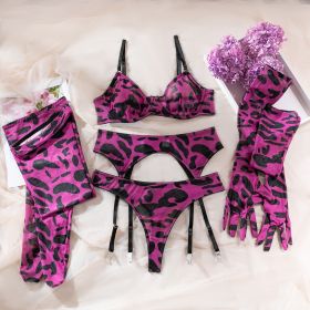 Leopard Print Sexy Bra Gloves Leggings Suit Women (Option: Purple Leopard Print-S)