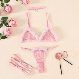 Plush Lace Mesh Patchwork Backless Underwear Suit (Option: Pink-M)