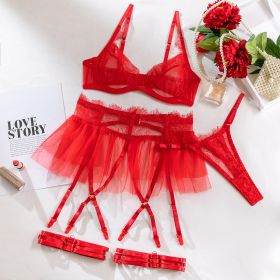 Push Up Mesh Lace Stitching Four-piece Set (Option: Red-S)