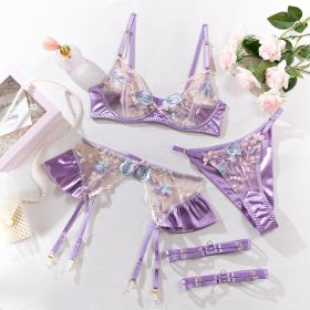 Embroidered Flower See-through Steel Ring Push Up Underwear (Option: Light Purple-M)