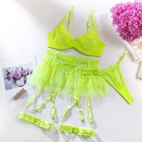 Push Up Mesh Lace Stitching Four-piece Set (Option: Fluorescent Yellow-S)