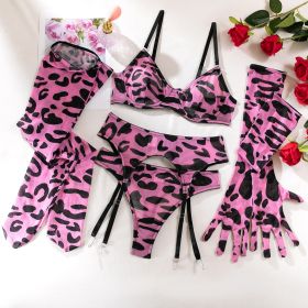 Leopard Print Sexy Bra Gloves Leggings Suit Women (Option: Pink Leopard Print-M)