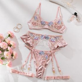 Embroidered Flower See-through Steel Ring Push Up Underwear (Option: Champagne-M)