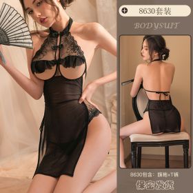 Sexy Lingerie Cutout Lace Seduction Cheongsam Hot Small Chest See-through Uniform Pajamas (Option: Black-Average Size)