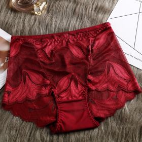 High Waist Lace Women's Panties French Transparent Comfortable Hip Lift Seamless Briefs (Option: Wine Red-M)