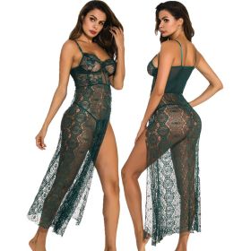 Underwear Long See-through High Slit Pajamas Nightgown Nightgown (Option: Dark Green With Thong-S)