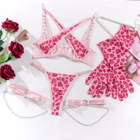 Leopard Print Metal Chain Sexy Lingerie Suit With Gloves Leg Ring Valentine's Day Gift (Option: Pink-S)