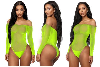 Women's Rhinestone Bikini Underwear Mesh Bodysuit (Option: Fluorescent Yellow-Free Size White Card Opp)