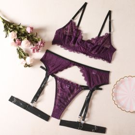 Sexy Underwear Lace Ribbon Steel Ring Bra Set (Option: Purple-S)