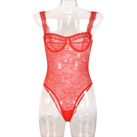 Women's One-piece Underwear European And American Style Lace Flowers Comfortable Close-fitting (Option: Red-S)