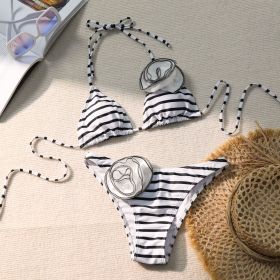 Bikini Halter Three-dimensional Flower Split Women's Swimsuit (Option: Black And White Stripes-M)