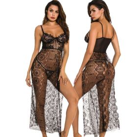 Underwear Long See-through High Slit Pajamas Nightgown Nightgown (Option: Black With Thong-M)