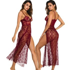 Underwear Long See-through High Slit Pajamas Nightgown Nightgown (Option: Wine Red With Thong-L)