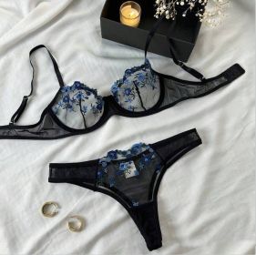 Women's New Lace Underwear Bra Set (Option: Black Blue-L)